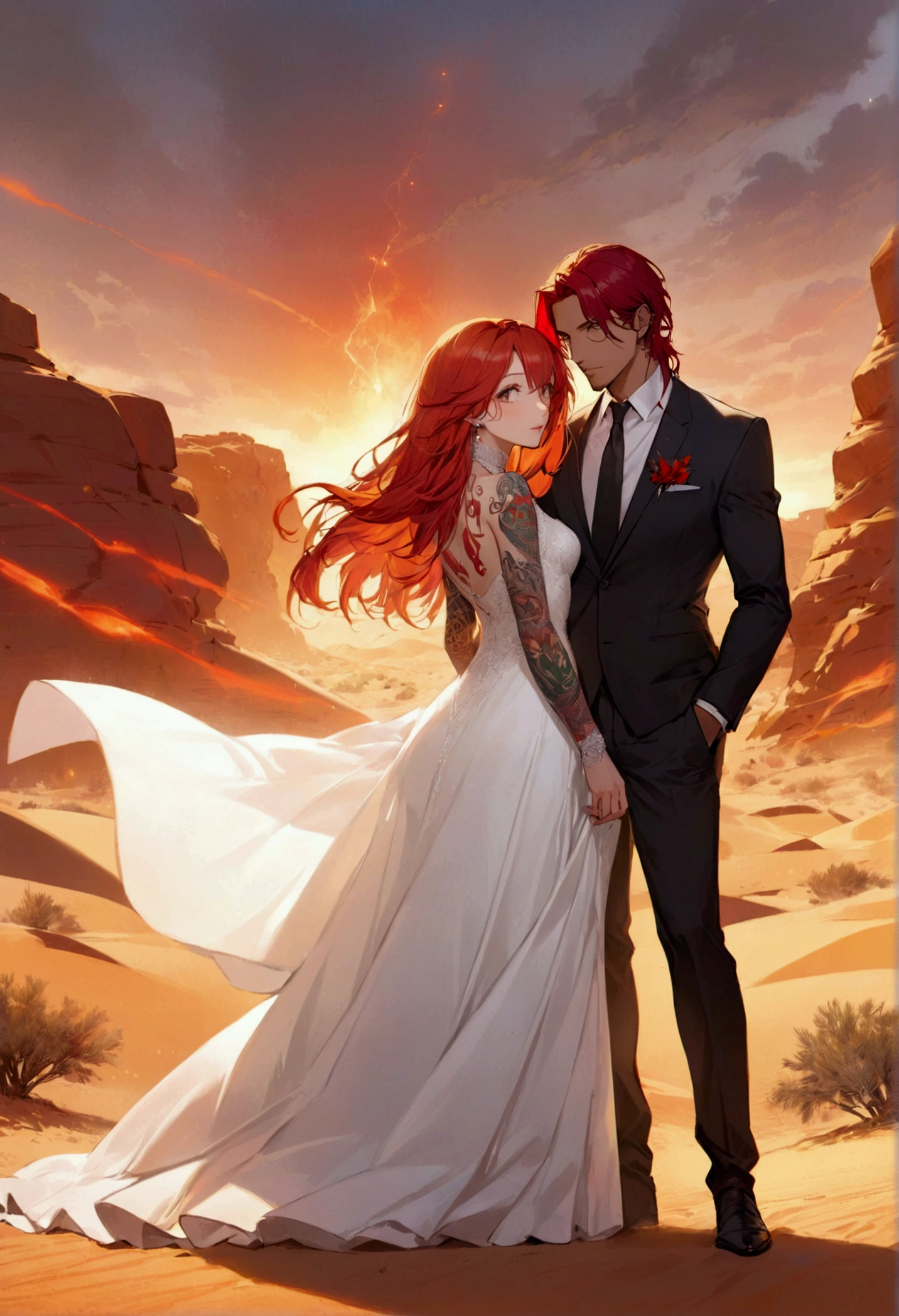 An attractive couple woman in wedding dress red hair with handsome Arab man with tattoo in the middle of the desert Behind them, red thunder, orange.. colored lights everywhere