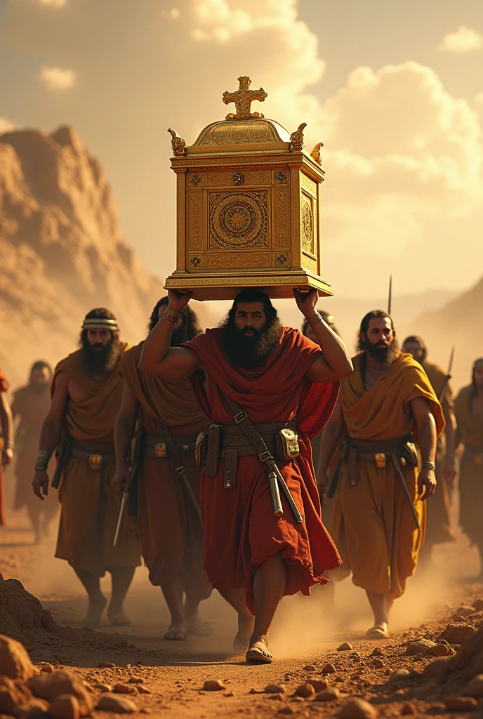 The square ark of the covenant with mercy seat being carried by Israelite soldiers 