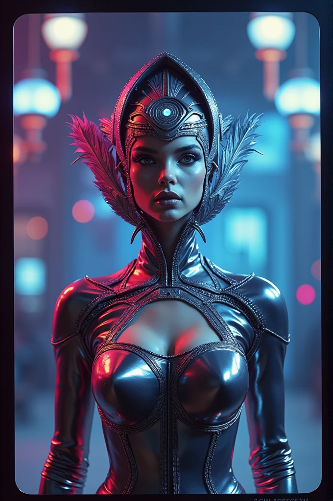 ral-opal, meahophontron, Whole body, Beautiful woman robot face, blue eyes, cyberpunk, devil nun, ?????, looking to the camera, nun body clothing, primer plano looking to the camera, realist, Beautiful woman, Cara sexy, black clothes, Gray and blue, blue heels. (foreground)