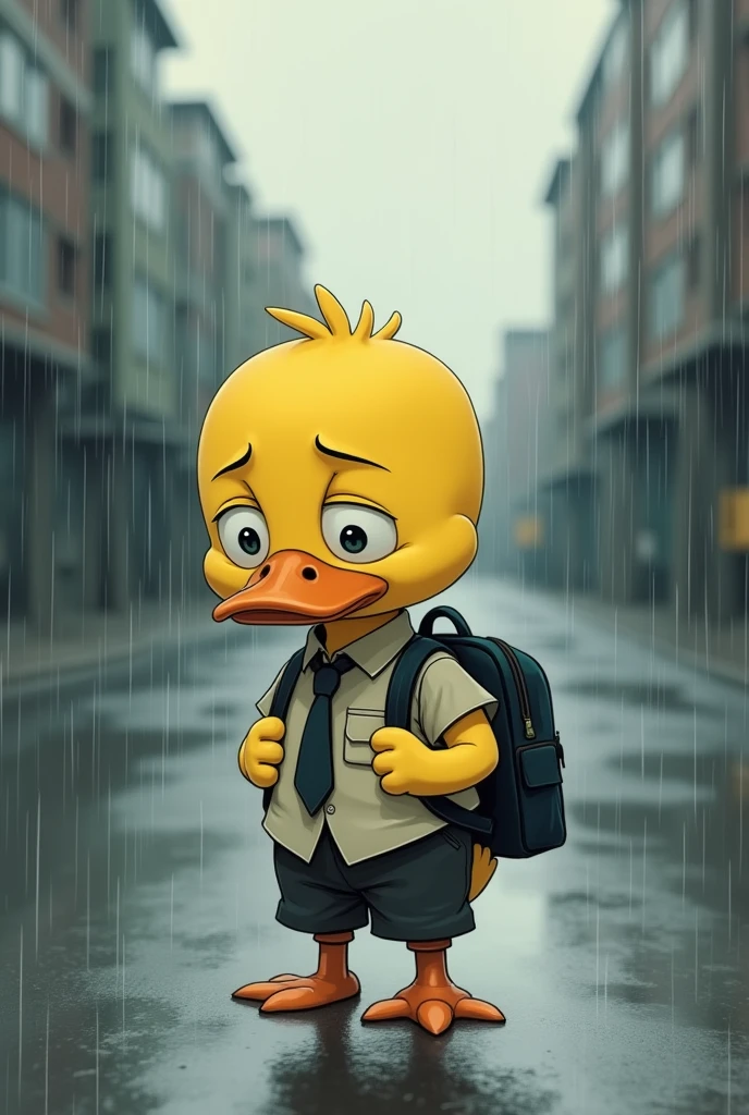 Drawing of a sad yellow duck in a sad school uniform with a backpack on his back and a tearful look in the rain in the middle of the street. The drawing has to be colored.