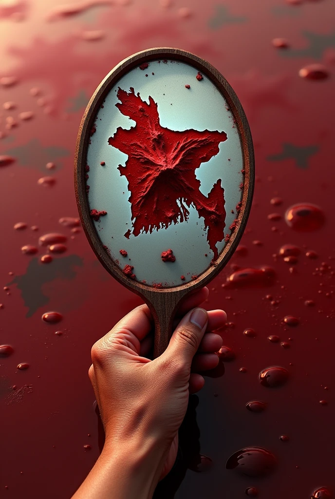 The melting map of bangladesh which reflected in hand mirror, sorrounded by blood