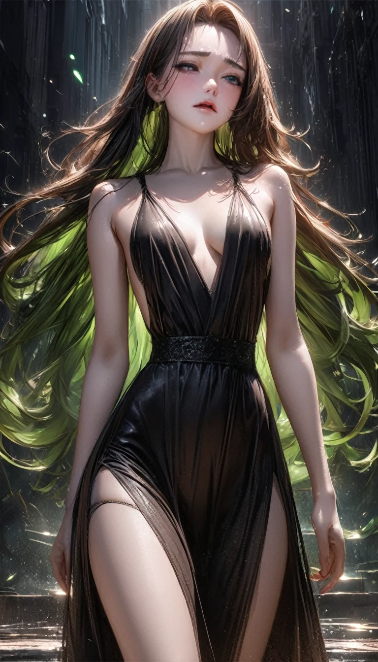 cool beauty, (attractive and seductive) and (amorous and lewd) face, fleeting and sad expression, brown messy layered straight hair, forehead, make-up, black string dress, glamorous proportions, background dim bar, (ultra detailed, absolutely resolution, best quality:1.3), 2.5D, delicate and dynamic effects, lighting effects, artistic, hyper, graphic CG digital art, BREAK watery green eyes