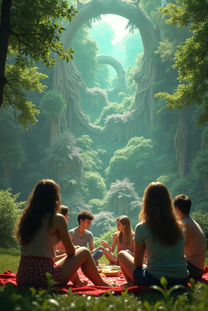 A photorealistic scene of a group of friends having a picnic in an urban park. One of them is lifting their smartphone to take a selfie, but the screen shows an alien world with strange landscapes and skies. As the phone is lowered, the entire group finds themselves surrounded by vibrant extraterrestrial vegetation and fantastical creatures. The friends are caught between amazement and disbelief as the familiar park transforms into an otherworldly environment. The lighting shifts from natural daylight to a surreal, glowing atmosphere, highlighting the contrast between the earthly and alien elements.