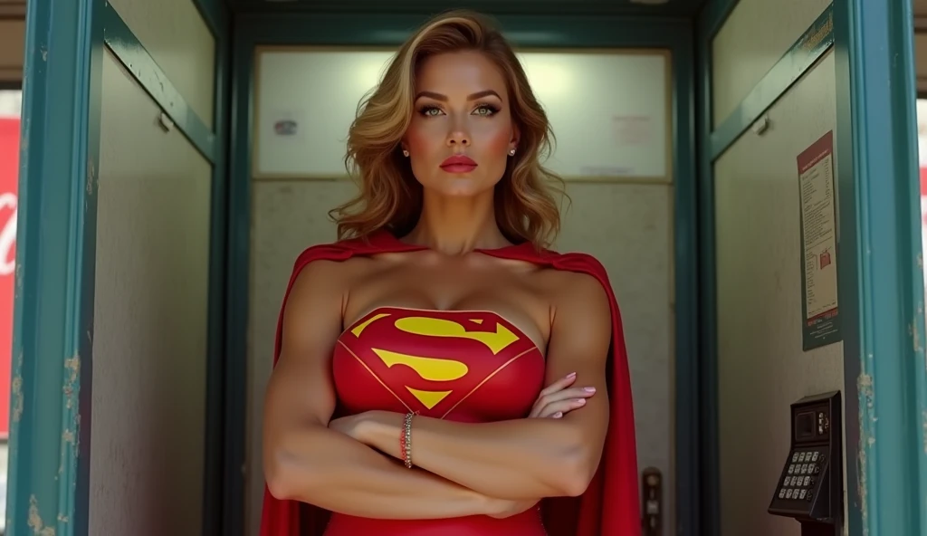 Supergirl trocando de roupa em uma cabine teleônica; (((very beautiful old Superwoman (((1980s Superwoman costume))) Julie Hagerty))) Super woman Julie Hagerty; confident, powerful, indestructible, attractive; big and firm chest; strong breasts; arms crossed