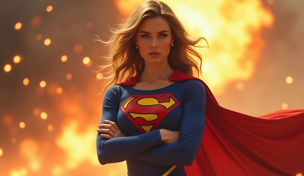 Balas de fogo resvalando no peito da Supergirl (((very beautiful old Superwoman (((1980s Superwoman costume))) Julie Hagerty))) Super woman Julie Hagerty; confident, powerful, indestructible, attractive; big and firm chest; strong breasts; arms crossed