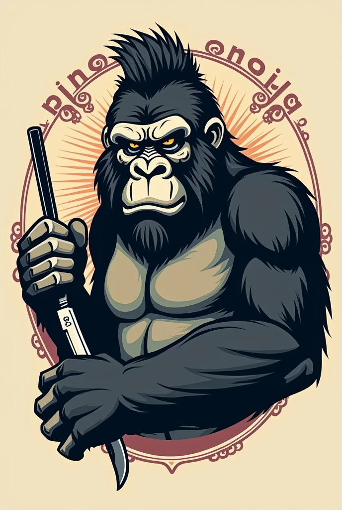 Design a logo depicting a barber gorilla with a retro style. The gorilla must have a classic barbershop hairstyle, like a pompadour or a vintage-style cut. In both of your hands, You must hold a barber's scissors in one hand and a razor in the other.. The design should combine elements of strength and style, reflecting both the robustness of the gorilla and the elegance of the haircut. Color and style should evoke a nostalgic and professional atmosphere, Ideal for a barber shop with a unique touch.
