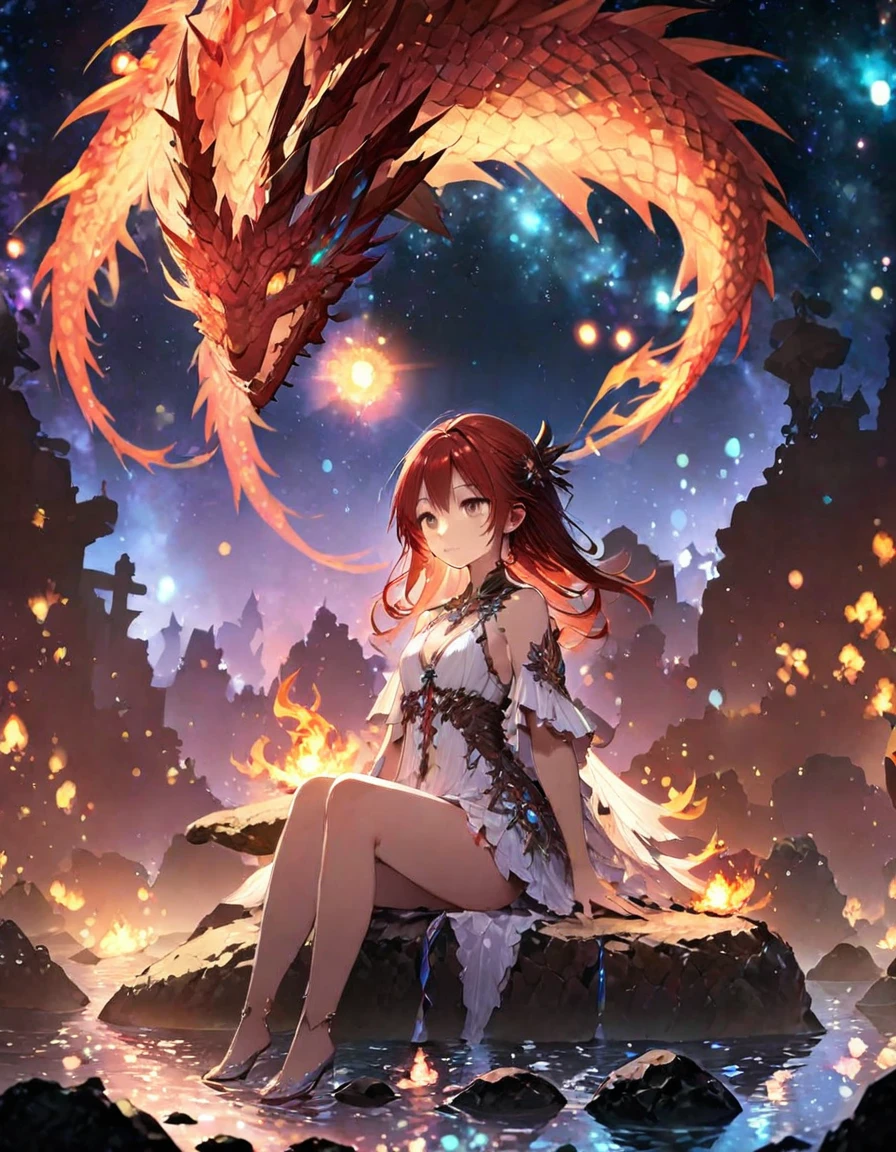 Highest quality、masterpiece、Very detailed、Finely detailed、High resolution、8k wallpaper、Fine and beautiful eyes、 girl with red hair、Exact number of fingers、Fire dragon on background、Gazing at the sky、Sitting on a big rock、Fantasy、Countless firefly-like lights are flying
