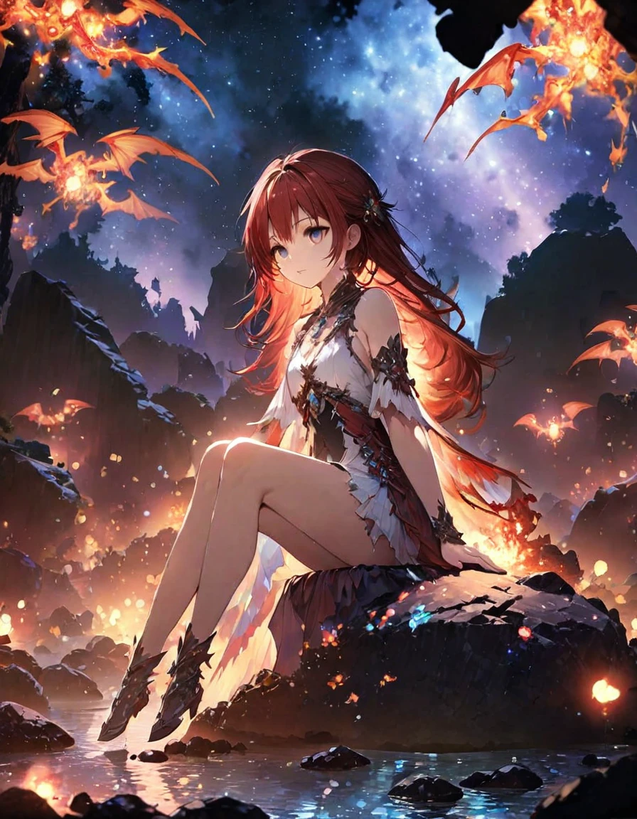 Highest quality、masterpiece、Very detailed、Finely detailed、High resolution、8k wallpaper、Fine and beautiful eyes、 girl with red hair、Exact number of fingers、Fire dragon on background、Gazing at the sky、Sitting on a big rock、Fantasy、Countless firefly-like lights are flying