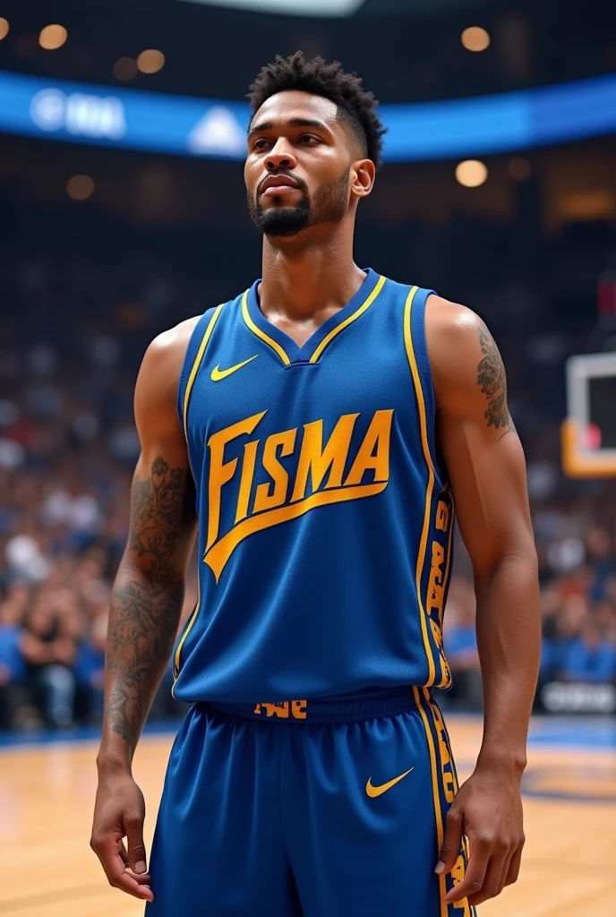 blue and gold non-NBA basketball jersey, that it is something personal and that it says FISMA on the chest