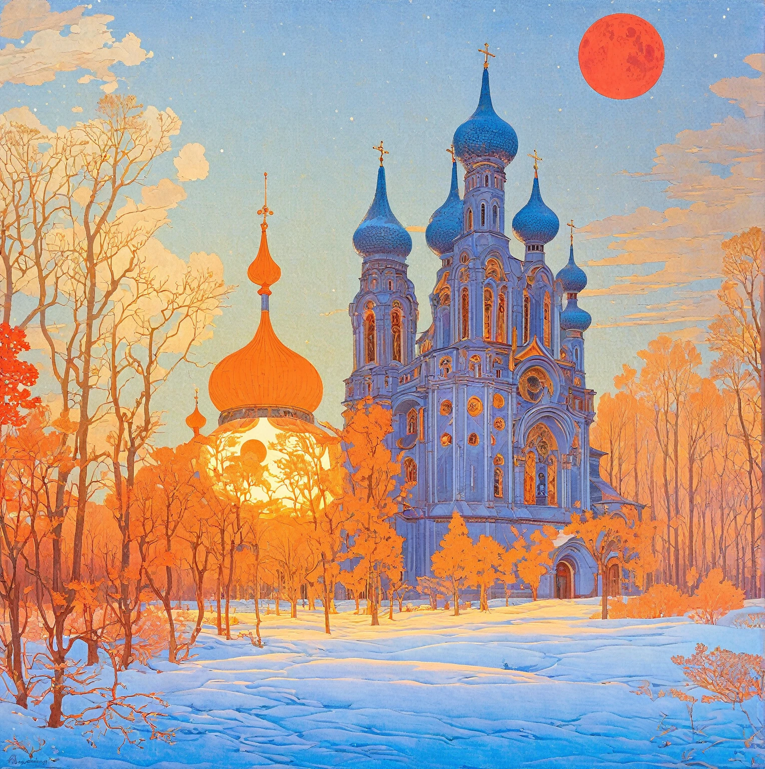 A picture of a church under the red moon, Ivan Bilibin (Ivan Bilibin) of inspiration, slav epic, Inspired by Igor Grabar (Igor Grabar), cathedral of the sun, inspired by Yuri Ivanovich Pimenov, beeple and alphonse mucha, Alexander Deneca, inspired Alexander Deneca, 受到 Andrey Esionov of inspiration