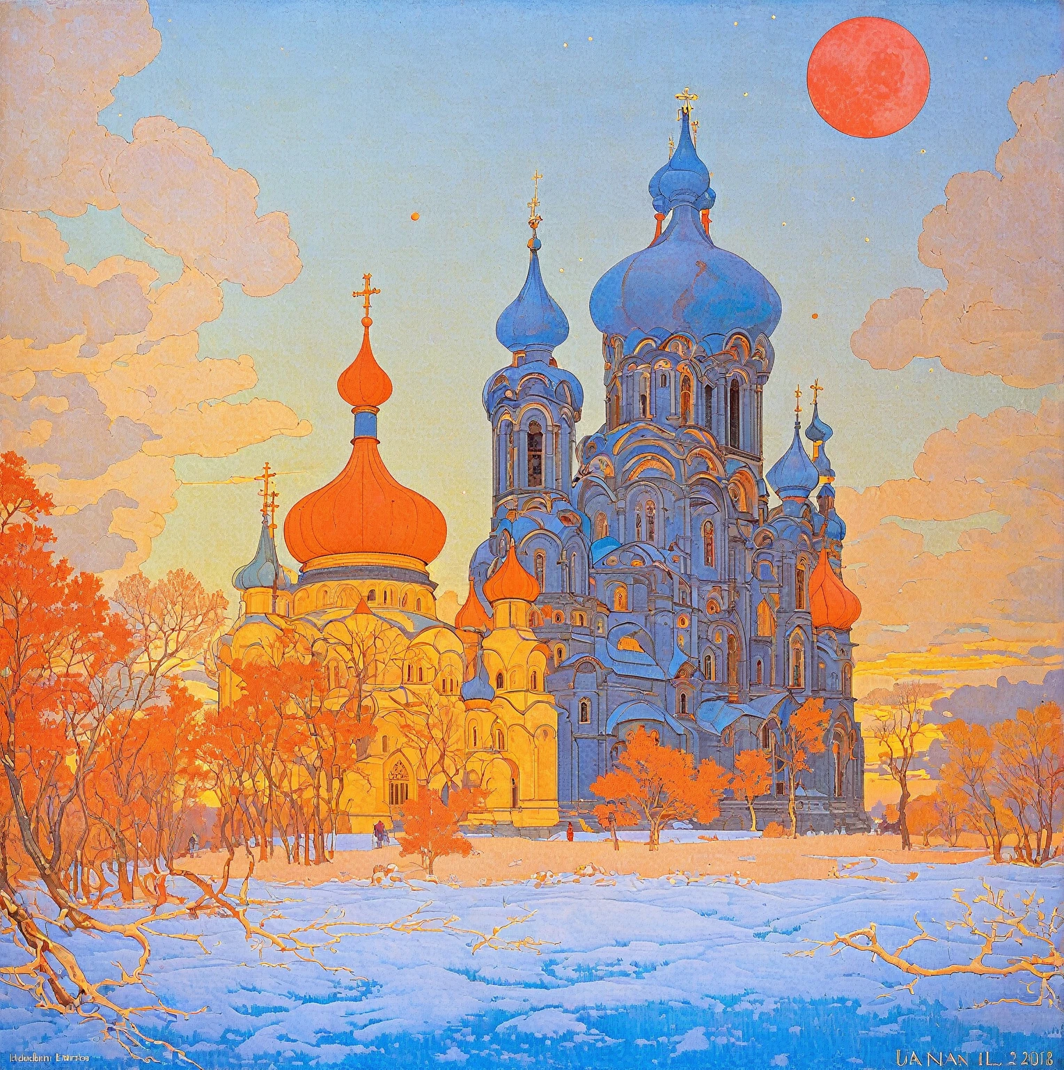 A picture of a church under the red moon, Ivan Bilibin (Ivan Bilibin) of inspiration, slav epic, Inspired by Igor Grabar (Igor Grabar), cathedral of the sun, inspired by Yuri Ivanovich Pimenov, beeple and alphonse mucha, Alexander Deneca, inspired Alexander Deneca, 受到 Andrey Esionov of inspiration