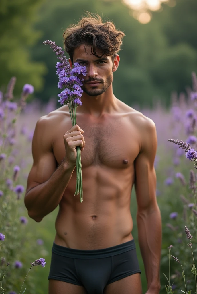 Envision a photograph of a male model standing in a field of lush purple flowers, inspired by the soft, poetic aesthetic of photographers like Bruce Weber or Herb Ritts, who often captured the intersection of nature and human form with a sensual, dreamlike quality. The model has a lean, toned build with a light dusting of chest hair, evoking a natural and earthy appeal. He holds a small cluster of purple flowers close to his face, covering one eye, creating an air of mystery and intimacy while also harmonizing with the surrounding floral environment.
The model stands upright in a slightly relaxed posture, his torso subtly angled to the camera, allowing the light to highlight the natural contours of his physique. His expression is serene and reflective, contributing to the tranquil atmosphere of the image. He wears only dark briefs, further emphasizing his connection to nature and the rawness of the moment.
The composition uses a medium framing, keeping the model’s upper body in focus while the background is rich with softly blurred greenery and wildflowers. The lighting is natural, with soft daylight illuminating the scene, creating warm tones on the model’s skin while enhancing the purples and greens in the environment. This gives the image a calm, almost surreal atmosphere, with the light and colors playing off each other harmoniously.
The camera is positioned at eye level, allowing the viewer to connect directly with the model, while a 50mm or 85mm prime lens would capture this scene beautifully, keeping the depth of field shallow to subtly blur the background while maintaining the sharpness of the model and the flowers he holds. This framing highlights the delicate balance between the rugged masculinity of the model and the softness of nature around him, drawing inspiration from classic fashion and fine art photography, where themes of nature, sensuality, and human connection intertwine seamlessly. The photograph could evoke a sense of peaceful contemplation,