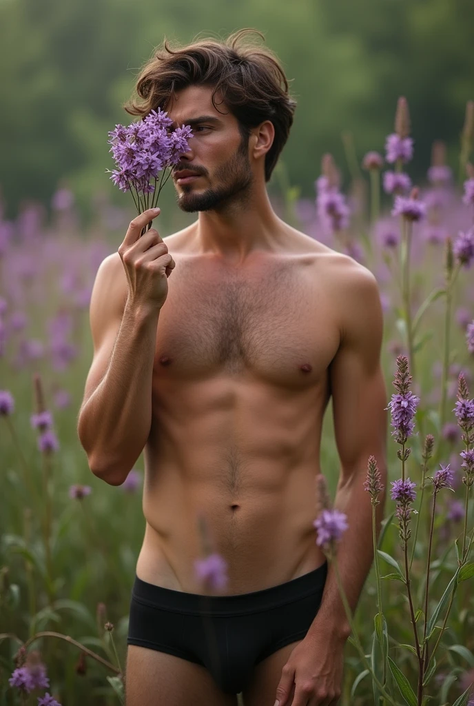 Envision a photograph of a male model standing in a field of lush purple flowers, inspired by the soft, poetic aesthetic of photographers like Bruce Weber or Herb Ritts, who often captured the intersection of nature and human form with a sensual, dreamlike quality. The model has a lean, toned build with a light dusting of chest hair, evoking a natural and earthy appeal. He holds a small cluster of purple flowers close to his face, covering one eye, creating an air of mystery and intimacy while also harmonizing with the surrounding floral environment.
The model stands upright in a slightly relaxed posture, his torso subtly angled to the camera, allowing the light to highlight the natural contours of his physique. His expression is serene and reflective, contributing to the tranquil atmosphere of the image. He wears only dark briefs, further emphasizing his connection to nature and the rawness of the moment.
The composition uses a medium framing, keeping the model’s upper body in focus while the background is rich with softly blurred greenery and wildflowers. The lighting is natural, with soft daylight illuminating the scene, creating warm tones on the model’s skin while enhancing the purples and greens in the environment. This gives the image a calm, almost surreal atmosphere, with the light and colors playing off each other harmoniously.
The camera is positioned at eye level, allowing the viewer to connect directly with the model, while a 50mm or 85mm prime lens would capture this scene beautifully, keeping the depth of field shallow to subtly blur the background while maintaining the sharpness of the model and the flowers he holds. This framing highlights the delicate balance between the rugged masculinity of the model and the softness of nature around him, drawing inspiration from classic fashion and fine art photography, where themes of nature, sensuality, and human connection intertwine seamlessly. The photograph could evoke a sense of peaceful contemplation,