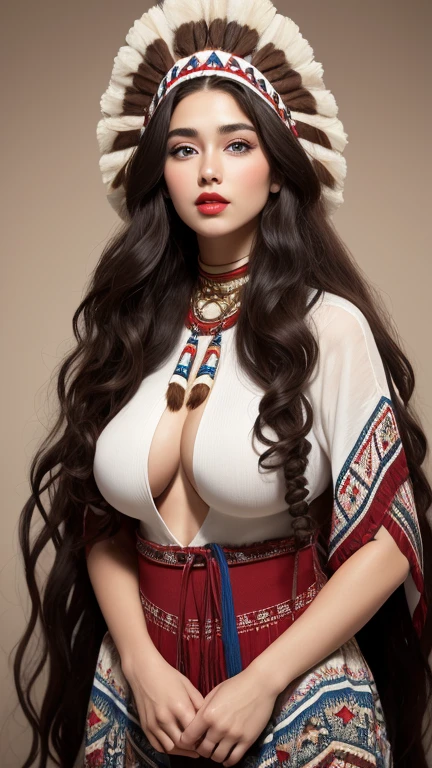 Facial perfect,the red lips,the blue eyes,body perfect, perfect big breasts, perfect muscular body, woman with perfect hair, long dark brown curly hair with very long dark brown curly hair, super long dark brown curly hair with very super long dark brown curly hair, wearing Native American Tribe Costume with Native American Hat,full body costume,realisian proportions, good proportions 