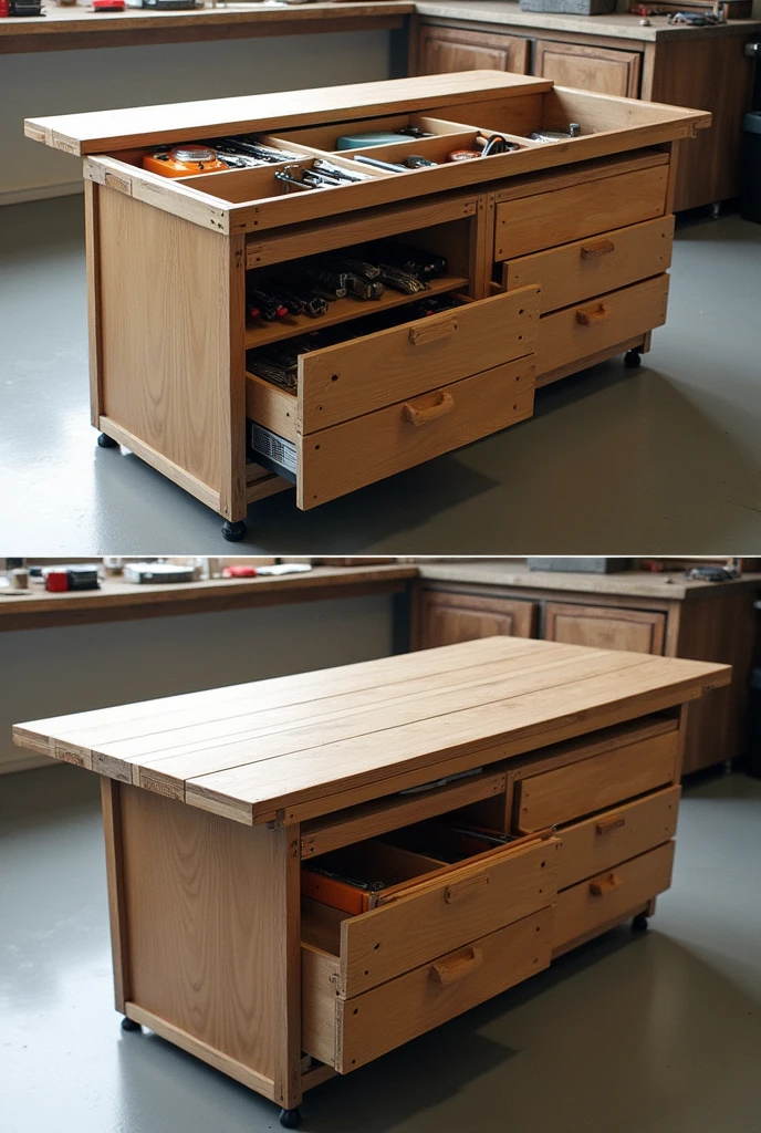 Table that contains tools inside and opens and closes 1 meter and has horizontal drawers below