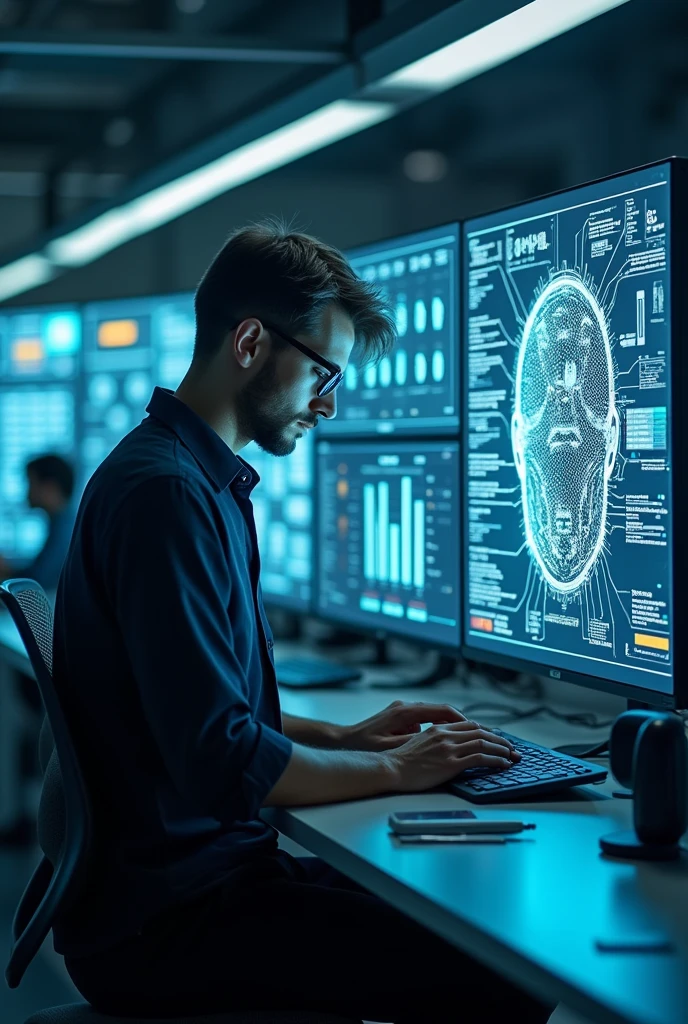 Man training an Artificial Intelligence using Machine Learning technique, the image must be generated in size 16:9