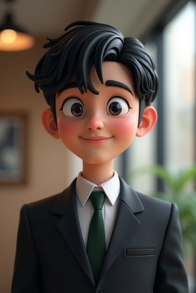 professional Pixar Character, 3D rendered, highly detailed, realistic, Anime style, black short haircut, wearing a neat suit or uniform, smiling without glasses, (creative:1.2), synthesized lighting 3 (Sy3), Smooth Muscle Modeling (SMM), cinematic quality, best quality, masterpiece presentation, ultra-sharp definition, high contrast, professional attire, expressive facial features, (upper body view), realistic textures, (Glasses-free), (Expressive, friendly smile)