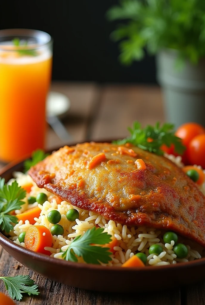 Pea rice with carrots with fried tilapia and a lulo juice and the tilapia a little bigger