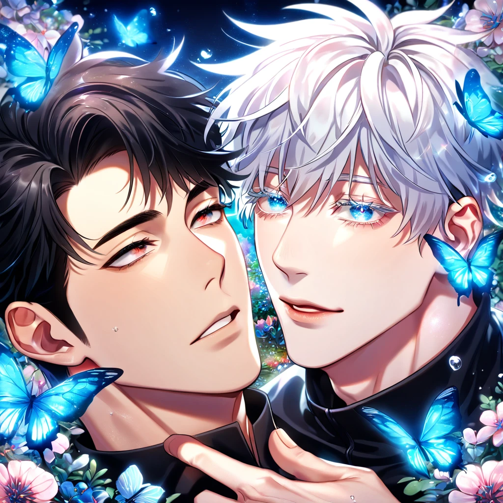 absurdres, highres, ultra detailed, HDR) master piece, best quality, extremely detailed, detailed eyes, detailed face, delicated features, Kang Woojin, black hair, messy hair, expressive red eyes, Love Jinx, Gojou Satoru, white hair, expressive blue eyes, white eyelashes, two sexy men together, yaoi, gay couple, in love, handsome, jujutsu Kaisen uniform, black uniform, high collar, fantasy, magical, glittering, water, blue flames, blue moon, blue flowers, blue butterflies, garden, Jujutsu Kaisen