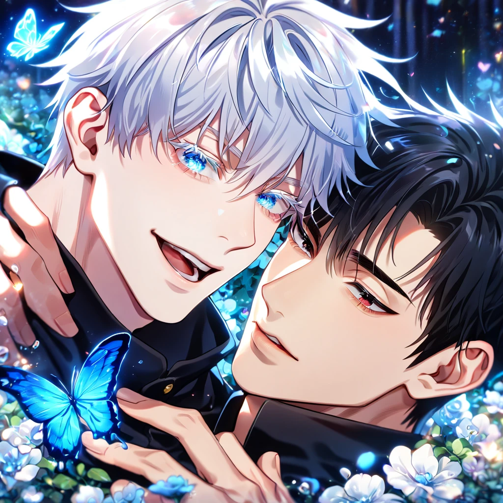 absurdres, highres, ultra detailed, HDR) master piece, best quality, extremely detailed, detailed eyes, detailed face, delicated features, Kang Woojin, black hair, messy hair, expressive red eyes, Love Jinx, Gojou Satoru, white hair, expressive blue eyes, white eyelashes, two sexy men together, yaoi, gay couple, in love, handsome, jujutsu Kaisen uniform, black uniform, high collar, fantasy, magical, glittering, water, blue flames, blue moon, blue flowers, blue butterflies, garden, Jujutsu Kaisen