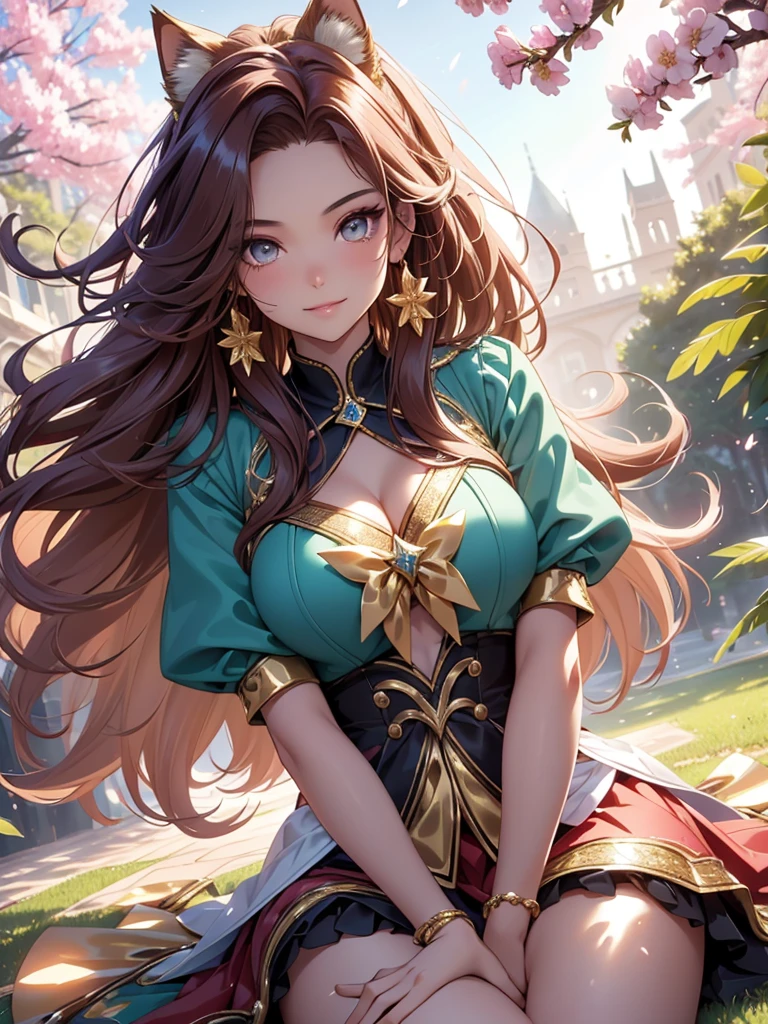 (best quality,4k,8k,highres,masterpiece:1.2),ultra-detailed,(realistic,photorealistic,photo-realistic:1.37),acrylic painting,beautiful Brazilian model in a uniform outfit red and gold with downy hair,beautiful Brazilian model with extremely colorful brown hair and detailed facial features,beautiful Brazilian model standing in a beautiful garden surrounded by a starry sky,brown hair,beautiful Brazilian model wearing a vibrant teal and gold uniform outfit,beautiful Brazilian model with intricate accessories,cat ears, ,beautiful Brazilian model with long flowing twintails,beautiful Brazilian model with bright brown eyes and rosy lips,beautiful Brazilian model with a joyful expression,beautiful Brazilian model in a dynamic pose with cherry blossoms falling around her,beautiful Brazilian model surrounded by colorful flowers and butterflies,beautiful Brazilian model's school uniform outfit adorned with cute bows and lace details red and gold,beautiful Brazilian model with an enchanting smile,beautiful Brazilian model with soft, pastel-colored shading,beautiful Brazilian model with a magical glow illuminating her,beautiful Brazilian model in a picturesque setting with a winding path leading to a magnificent castle,beautiful Brazilian model with a fairytale-like background,beautiful Brazilian model with a soft, dreamy atmosphere,beautiful Brazilian model with a subtle bokeh effect,beautiful Brazilian model standing under a sunny sky,beautiful Brazilian model with a warm, golden sunset in the background,beautiful Brazilian model surrounded by twinkling stars and colorful nebulae,creating an ethereal and captivating artistic masterpiece, sitting down, facing camera, uniform outfit sailor scout