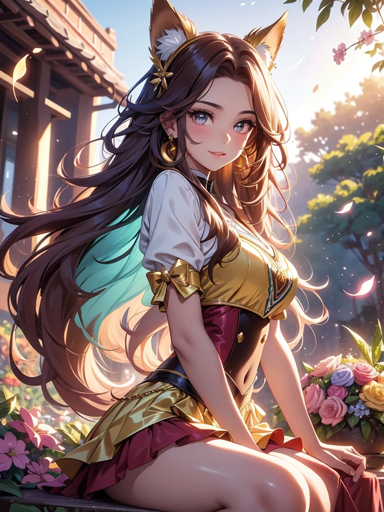 (best quality,4k,8k,highres,masterpiece:1.2),ultra-detailed,(realistic,photorealistic,photo-realistic:1.37),acrylic painting,beautiful Brazilian model in a uniform outfit red and gold with downy hair,beautiful Brazilian model with extremely colorful brown hair and detailed facial features,beautiful Brazilian model standing in a beautiful garden surrounded by a starry sky,brown hair,beautiful Brazilian model wearing a vibrant teal and gold uniform outfit,beautiful Brazilian model with intricate accessories,cat ears, ,beautiful Brazilian model with long flowing twintails,beautiful Brazilian model with bright brown eyes and rosy lips,beautiful Brazilian model with a joyful expression,beautiful Brazilian model in a dynamic pose with cherry blossoms falling around her,beautiful Brazilian model surrounded by colorful flowers and butterflies,beautiful Brazilian model's school uniform outfit adorned with cute bows and lace details red and gold,beautiful Brazilian model with an enchanting smile,beautiful Brazilian model with soft, pastel-colored shading,beautiful Brazilian model with a magical glow illuminating her,beautiful Brazilian model in a picturesque setting with a winding path leading to a magnificent castle,beautiful Brazilian model with a fairytale-like background,beautiful Brazilian model with a soft, dreamy atmosphere,beautiful Brazilian model with a subtle bokeh effect,beautiful Brazilian model standing under a sunny sky,beautiful Brazilian model with a warm, golden sunset in the background,beautiful Brazilian model surrounded by twinkling stars and colorful nebulae,creating an ethereal and captivating artistic masterpiece, sitting down, facing camera, uniform outfit sailor scout