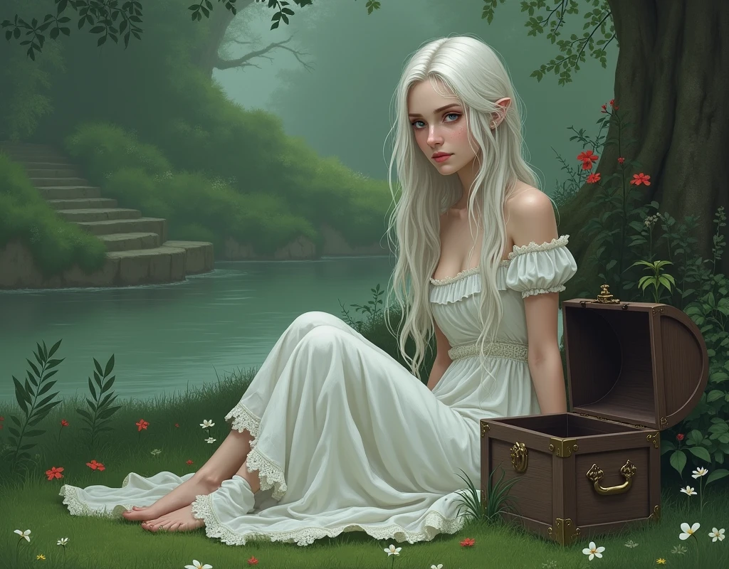 A woman with long white hair,she will wear a white cotton dress and wet,She will be sitting on the grass in an enchanted garden and there will be a magical river near her..,I want a secret garden kind of vibe and'It's kind of sad,I want the climate closed like an air of sadness,I want her opening a chest of secrets by her side, a tear coming out of one eye,I want her feet to show