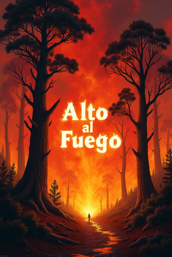 Image of a burning forest with araucarias and the name Alto al fuego in the center, with fire color palette