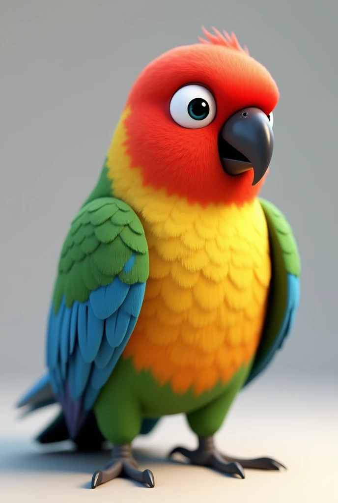 3d animation, of a bird with a red head with a white cheek spot, yellow chest and blue wings, of the rosella species Parakeet-omnicolor platycercus eximius, with a neutral background in the image