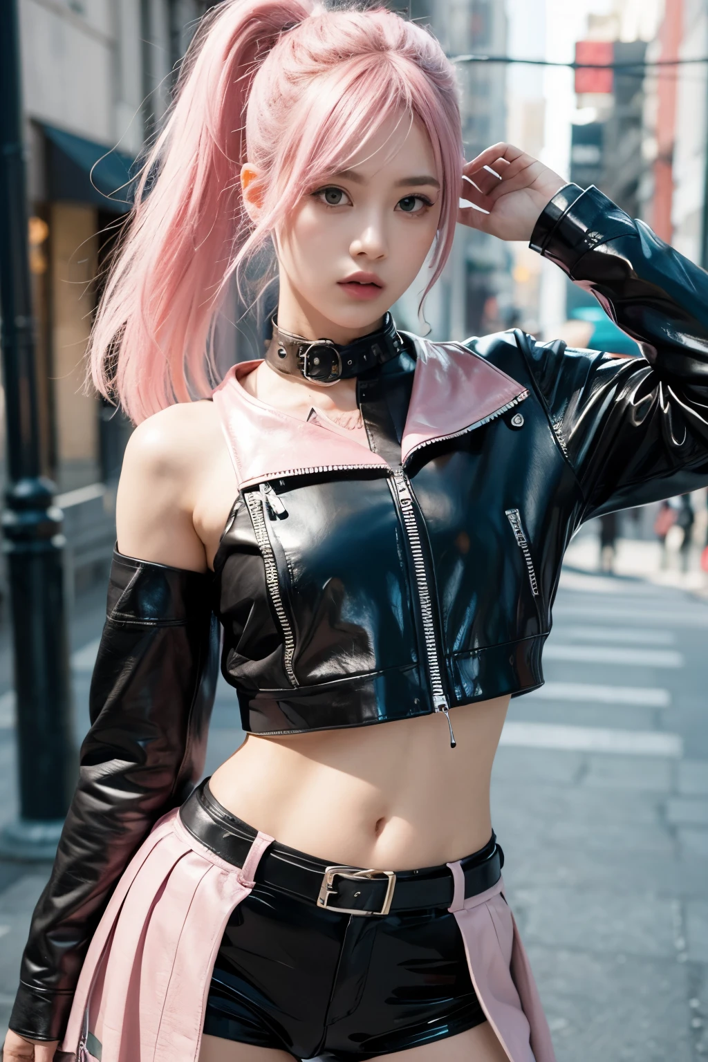 dressed in punk clothing, dressed in crustpunk clothing, Cybergoth, Small udder、The nipple is visible、Pink