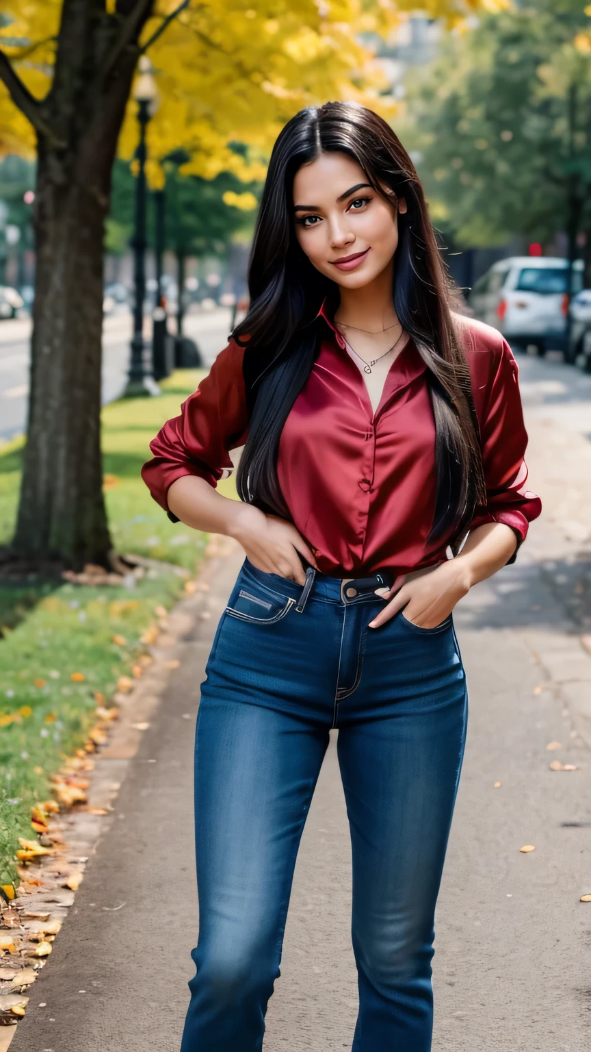 Realistic full body photo of a smiling, Young black-haired woman with long hair, She dances in front of the camera in a long, red silk shirt and tight jeans..., Park,glamour fotoshooting, Park, perfect anatomy, perfect brown eyes. Perfect hands with 5 fingers on each hand, Matching girl, looking at the camera, 1 Frau. (Eye make up:1.1), (highly detailed skin:1.1), spirit, analog style, keen focus, 8K UHD, dslr, good quality, Fujifilm XT3, Grain, Award-winning, masterpiece. Park