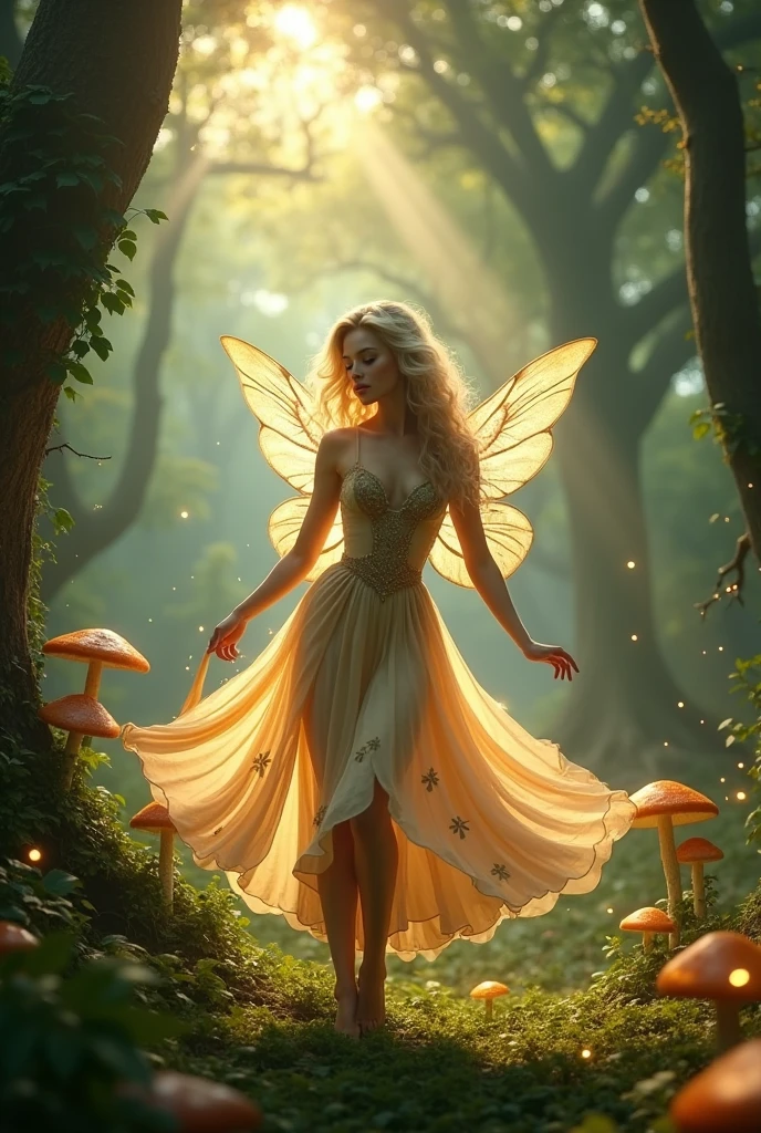 Create a magical scene featuring a gorgeous fairy in an enchanted forest at dusk. She has a beautiful stunning face, green eyes, long gracious curly blond hair, soft pale skin, delicate and detailed lips, very sensual look and perfect body shape. The fairy should have delicate, translucent wings that shimmer with a soft glow. This fairy is dancing smoothly. She should wear a flowing dress made of petals and leaves, with intricate, nature-inspired patterns. The forest is dense with ancient trees, glowing mushrooms, and sparkling fireflies. The overall atmosphere should feel mystical and serene, with a soft, warm light filtering through the trees.(best quality,4k,8k,highres,masterpiece:1.2),ultra-detailed,(realistic,photorealistic,photo-realistic:1.37),beautiful fairy girl with long flowing hair, detailed face, piercing blue eyes, delicate features, wearing a flowing dress, standing in a magical forest with glowing fireflies, sunbeams streaming through the trees, lush greenery, warm color tones, cinematic lighting, fantasy, concept art