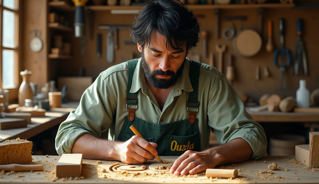 middle aged man, black disheveled hair, short beard , ((He is wearing a light green work overall with yellow lettering on the right chest pocket.)) (( Very detailed face 1.3))) ((eyes the color of honey, and almond 1.3)) ((He is sitting in front of an oak table carving a beautiful piece of wood 1.5)) Its surroundings are a carpenter's workshop, surrounded by tools and wood carving works ((On the floor there are many yellow, green and white ultra realistic wood chips 1.5)) masterpiece of the highest quality high resolution.