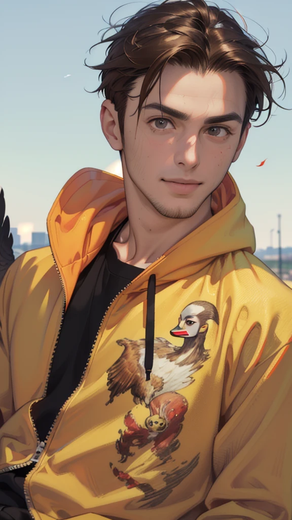 (masterpiece, ultra high res, 16k uhd, high quality),low key,commute,ad,tv,standing,looking at viewer,Hoodie,masterpiece,in the restaurant,sitting,(brown hair),black eyes,turn to the back,smile,Seoul,(small head),Precise human body structure,Precise hand structure,(duck egg face),Light-colored clothing,red coat,yellow top,Unity 16K Wallpapers,Concept Art,A person,8K eyes,Grassland,Dress,Park,Bench,Pigeons,(((mature male))),((big eyes:1.3)),(short hair),((1 American mixed-race man)),Sweatpants,(Realistic face:1.8),Wide Shoulders,Single,(whole body:1.6),andriod 18,