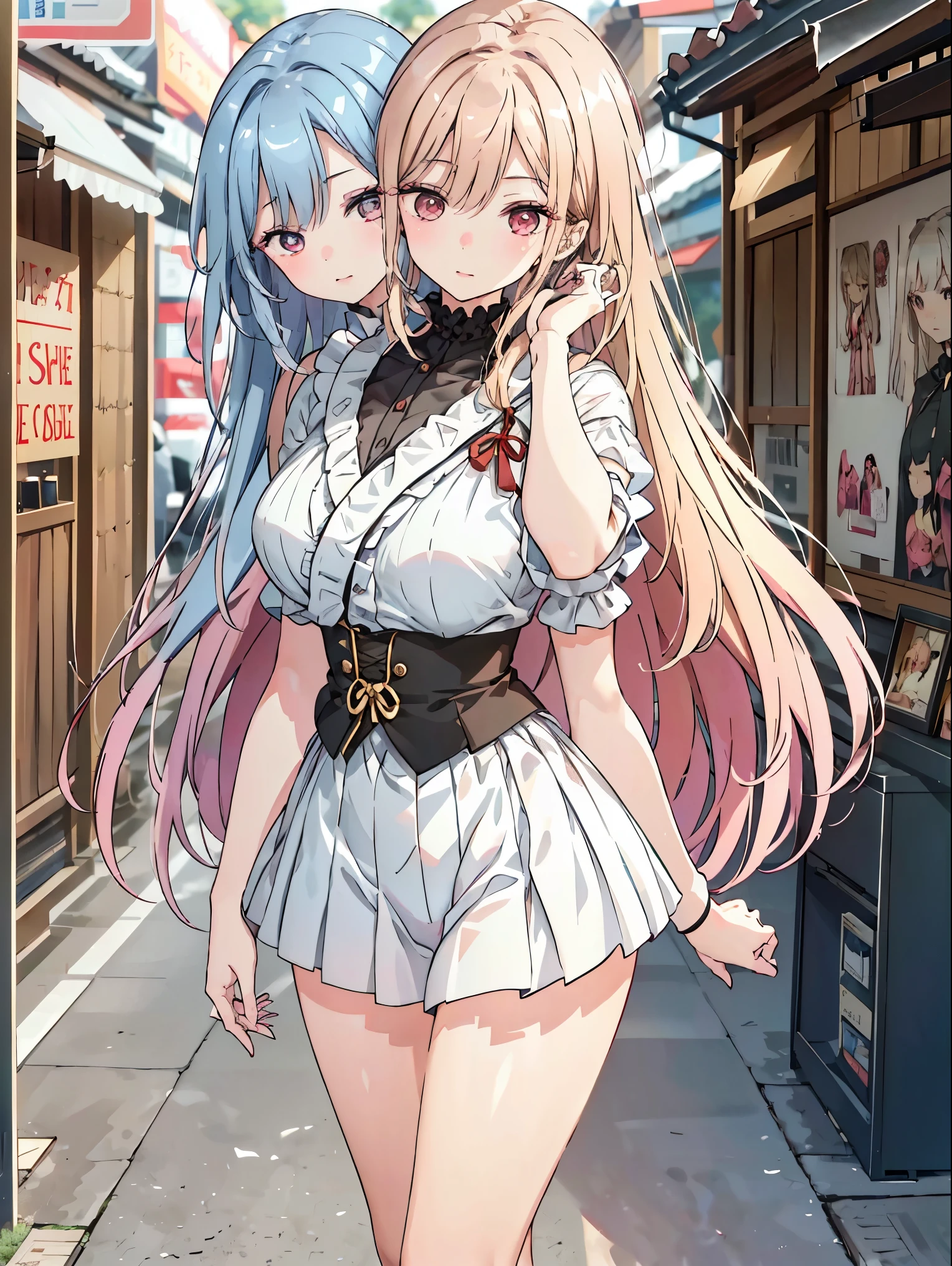((2girls①))、high school girl、shirt、long and short cut、Girl with light blue hair、Girl with pink hair、big breasts、chest、Tight Skirt、((garter belt))、Black clothes、Skirtlift、Peeing、(pointy breasts)、large areolae、double peace、((see through②))、panty shot、erect nipples、(squatting,open legs)、facial、(bukkake)、((cum on body / bukkake))、(semen)、high resolution、extra limbs、yuri、tongue out、cheek to cheek、symmetrical_docking、city、crowd