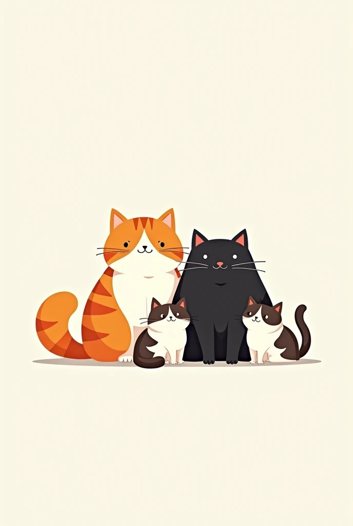 create me a wallpaper of 4 cats together happy 1 orange with white with lots of hair big 1 big chubby black 1 dark brown with white big 1 only white with black medium in minimalist style drawing