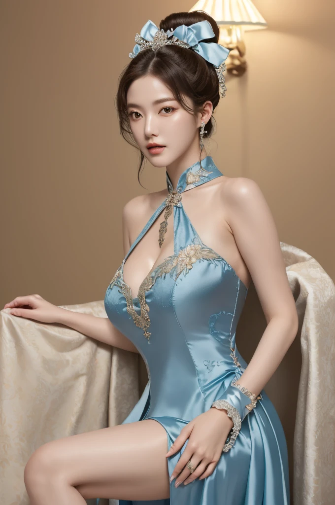 dr3ss, best quality, masterpiece, illustration, realistic, photo-realistic, amazing, finely detail, incredibly absurdres, huge filesize, ultra-detailed, highres, extremely detailed CG unity 8k wallpaper, nsfw, A portrait of a Korean female celebrity in a high-class setting. The celebrity is wearing a traditional Korean dress, consisting of a silk blue dress with embroidered ornate patterns, a halterneck, and a high collar. She is also wearing jewelry, including an armlet and a headdress. The dress is lace trimmed and has frills and cuffs. The celebrity's hair is styled in a high bun with a hair bow. The portrait is shot in close-up. The lighting is soft and flattering, creating a sense of elegance and sophistication.