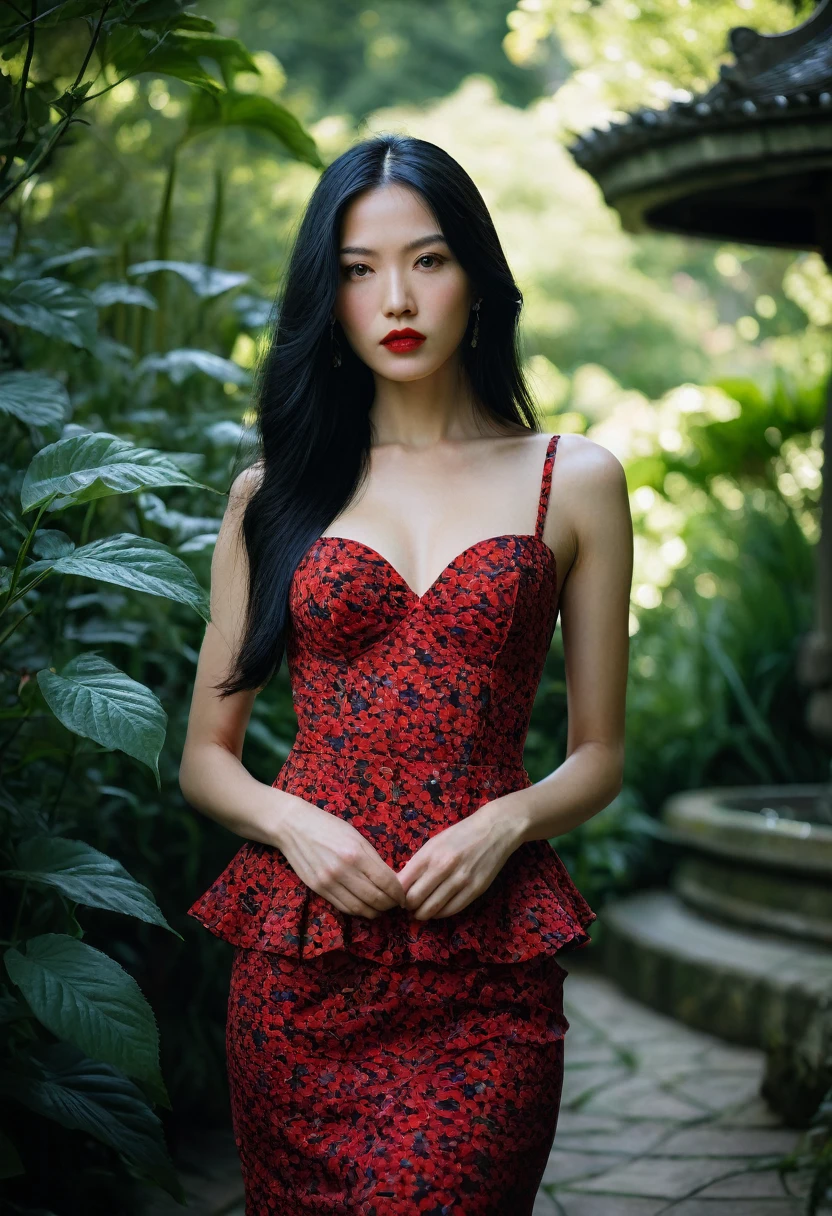 long black hair, nnlnnx, (sharp focus:1.2), photo, attractive genius Keiko, (beautiful face:1.1), detailed eyes, luscious lips, (bold red lip colour:0.85), (medium breasts:1.0), (slim body:1.2), (long hair:1.2), wearing (1980s peplum dress:1.2) in a (botanical garden:1.2). (moody lighting:1.2), depth of field, bokeh, 4K, HDR. by (James C. Christensen:1.2|Jeremy Lipking:1.1).