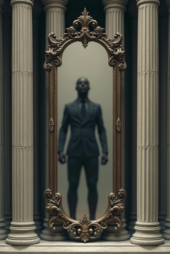 Draw a mirror reflecting a person with several posts around it