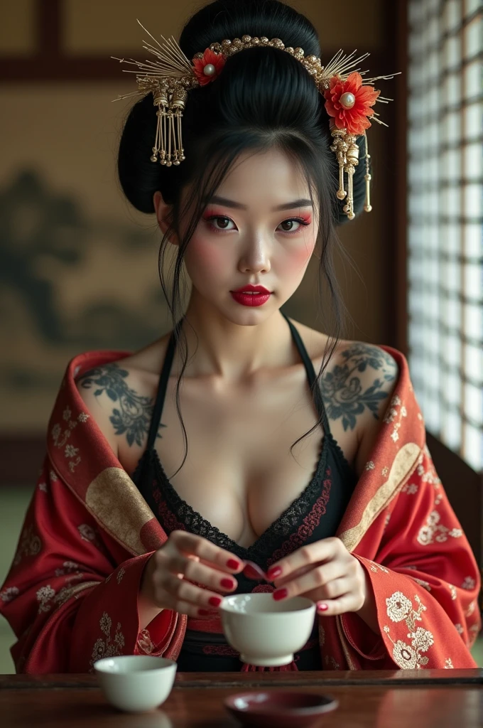 Create picture a Asia girl 20yo, ( Jennie blackpink) hair and makeup like a geisha, wearing a geisha outfit, body tattoo ,frayed,
sitting and Make tea for yakuza, Atmosphere of ancient Japan,64k, grainy images, high resolution photos, strong contrast, Telephoto Lens, the image is dynamic, random post, random view,