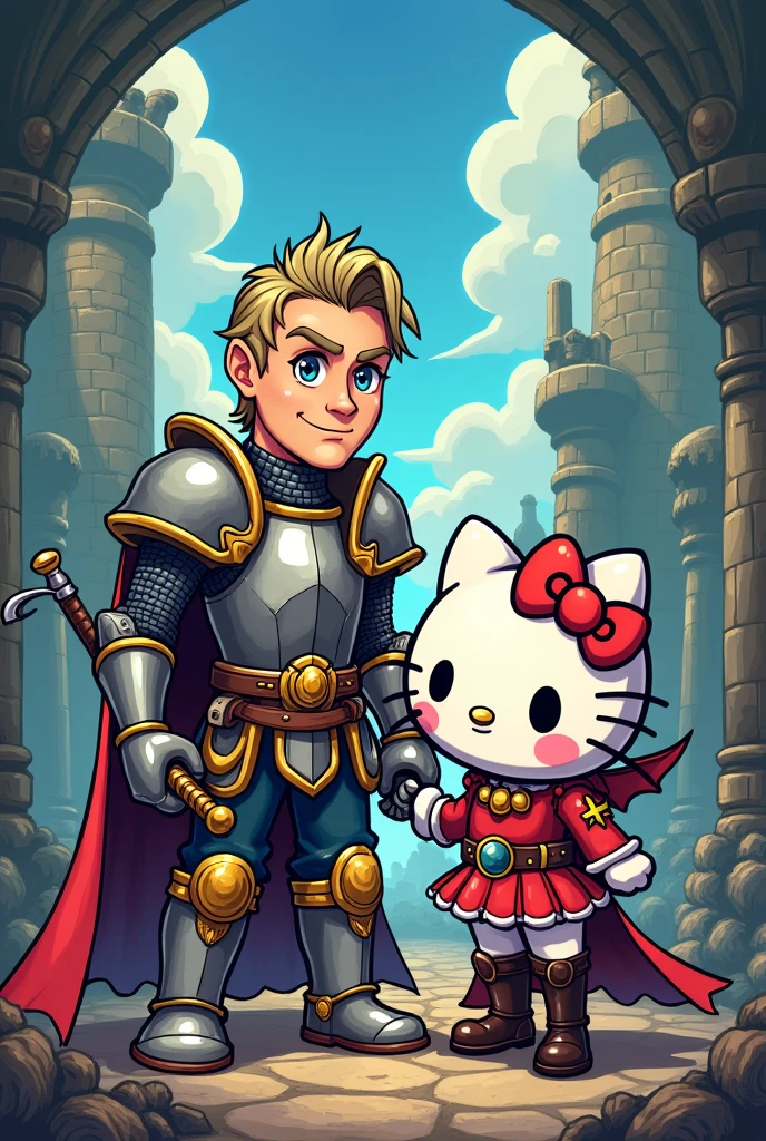 Sir Arthur de Ghost N Goblins de caricatura con Kuromi de Hello Kitty a su lado en caricatura