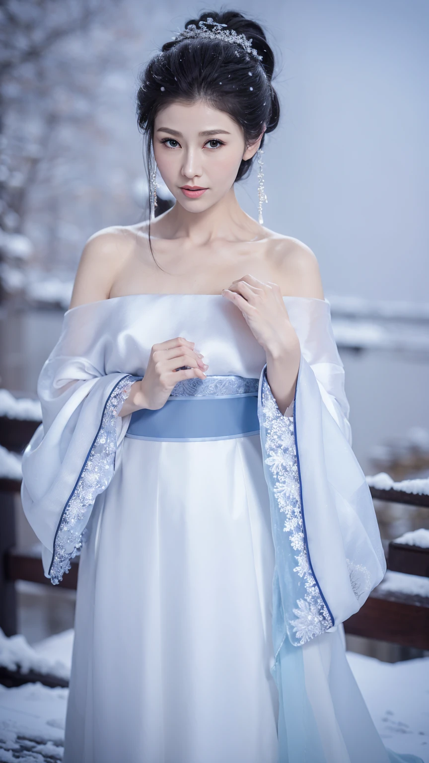 1 Fashion Model [[[[close up]]]], [[[[neck]]]], [[[[Shoulder]]]], (((Complete head)))，(((Complete hairstyle)))，Perfect eyes, Perfect Iris，Perfect lips，Perfect Teeth，Perfect skin，White skin，Soft headlights，High-density imaging，Black long hair，（Clean and delicate face），((Simple fur winter Hanfu))，((full-body shot))，((The background is a snowy scene))，((winter))，((Various dynamic poses))，((The background is a snowy scene))，best quality，masterpiece，（Soft colors：1.2）