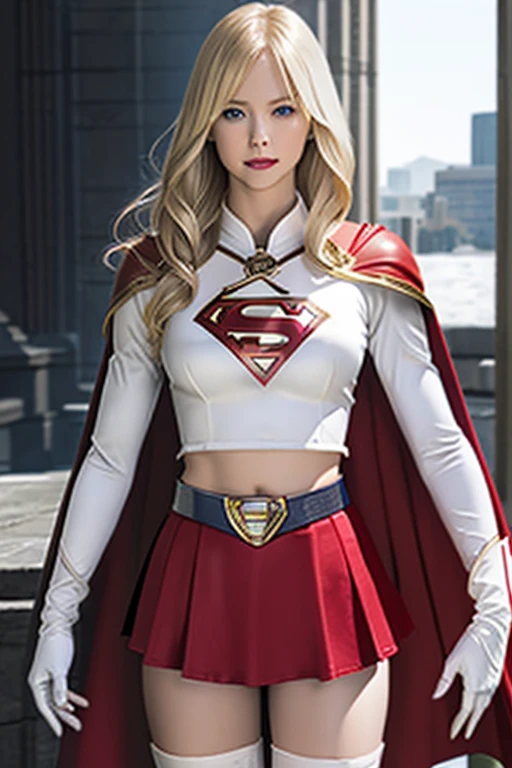 Dove Cameron supergirl costume, full body, dressed with open legs, sharp lenses, professional photography, 70mm lenses, lovely details, good quality, Unreal Engine 5, white background, colorful, highly detailed, 8k, light soft, photo realistic. perfectly groomed and long blond hair with bangs