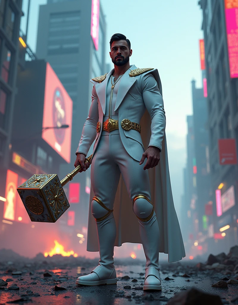 1. Generate a 3D render of a superhero dressed in a pristine white suit thor God Of Thunder holding a right hand in hammer mioniur adorned with ornate, gothic-style reliefs made of gold and marble. The superhero stands confidently in the middle of a neon city street cyberpunk, surrounded by the smoky aftermath of a demolished cityscape. The scene is illuminated by scattered beams of light.