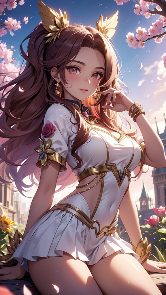 (best quality,4k,8k,highres,masterpiece:1.2),ultra-detailed,(realistic,photorealistic,photo-realistic:1.37),acrylic painting,beautiful Brazilian model in a uniform outfit red and gold with downy hair,beautiful Brazilian model with extremely colorful brown hair and detailed facial features,beautiful Brazilian model standing in a beautiful garden surrounded by a starry sky,pink hair,beautiful Brazilian model wearing a vibrant rose pinkl and gold uniform outfit,beautiful Brazilian model with intricate accessories,cat ears, ,beautiful Brazilian model with long flowing twintails,beautiful Brazilian model with bright brown eyes and rosy lips,beautiful Brazilian model with a joyful expression,beautiful Brazilian model in a dynamic pose with cherry blossoms falling around her,beautiful Brazilian model surrounded by colorful flowers and butterflies,beautiful Brazilian model's school uniform outfit adorned with cute bows and lace details red and gold,beautiful Brazilian model with an enchanting smile,beautiful Brazilian model with soft, pastel-colored shading,beautiful Brazilian model with a magical glow illuminating her,beautiful Brazilian model in a picturesque setting with a winding path leading to a magnificent castle,beautiful Brazilian model with a fairytale-like background,beautiful Brazilian model with a soft, dreamy atmosphere,beautiful Brazilian model with a subtle bokeh effect,beautiful Brazilian model standing under a sunny sky,beautiful Brazilian model with a warm, golden sunset in the background,beautiful Brazilian model surrounded by twinkling stars and colorful nebulae,creating an ethereal and captivating artistic masterpiece, sitting down, facing camera, suite uniform outfit