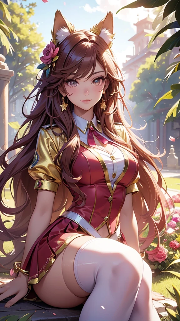 (best quality,4k,8k,highres,masterpiece:1.2),ultra-detailed,(realistic,photorealistic,photo-realistic:1.37),acrylic painting,beautiful Brazilian model in a uniform outfit red and gold with downy hair,beautiful Brazilian model with extremely colorful brown hair and detailed facial features,beautiful Brazilian model standing in a beautiful garden surrounded by a starry sky,pink hair,beautiful Brazilian model wearing a vibrant rose pinkl and gold uniform outfit,beautiful Brazilian model with intricate accessories,cat ears, ,beautiful Brazilian model with long flowing twintails,beautiful Brazilian model with bright brown eyes and rosy lips,beautiful Brazilian model with a joyful expression,beautiful Brazilian model in a dynamic pose with cherry blossoms falling around her,beautiful Brazilian model surrounded by colorful flowers and butterflies,beautiful Brazilian model's school uniform outfit adorned with cute bows and lace details red and gold,beautiful Brazilian model with an enchanting smile,beautiful Brazilian model with soft, pastel-colored shading,beautiful Brazilian model with a magical glow illuminating her,beautiful Brazilian model in a picturesque setting with a winding path leading to a magnificent castle,beautiful Brazilian model with a fairytale-like background,beautiful Brazilian model with a soft, dreamy atmosphere,beautiful Brazilian model with a subtle bokeh effect,beautiful Brazilian model standing under a sunny sky,beautiful Brazilian model with a warm, golden sunset in the background,beautiful Brazilian model surrounded by twinkling stars and colorful nebulae,creating an ethereal and captivating artistic masterpiece, sitting down, facing camera, suite uniform outfit