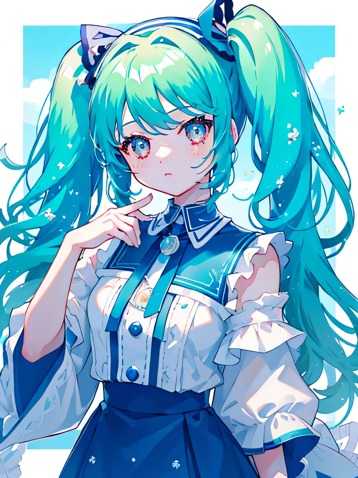 Xu high quality、Two-dimensional beautiful girl、cute、girl、Skylight blue hair、Her hairstyle is twin tails..、Lots of races、cute costume、Original image 8K、live、Laughter、independent、Clothes with a collar、Fluffy short sleeves、Fluffy skirt、Beautiful background、super high quality、cute hairstyle、Shining Eyes、Upper body only