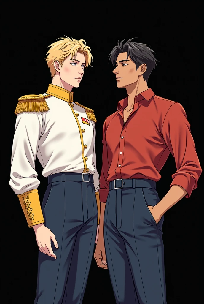 Two princely men, one of them dark brown, chestnut hair, Brown eyes, wearing a shirt with a V-neck and navy blue high-waisted pants. The other blond man, clear eyes, skin fair, wearing an official prince costume. The two in a manhwa style drawing with a black background. The dark brown man is bigger than the blond man.