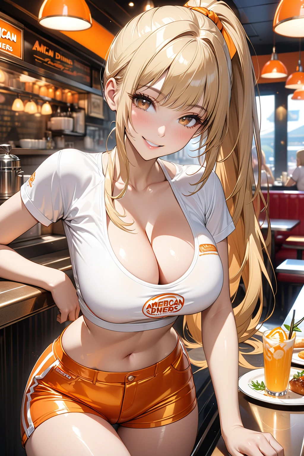 masterpiece,highest quality,32K,ultra detailed,young woman,light brown eyes,light makeup,full breasts,cleavage,fair skin,shiny skin,happy smile,silky hair,bangs,straight hair,ponytail,blonde,white crop top,logo,short sleeves,orange color hot pants,orange color hairtie,American Diners