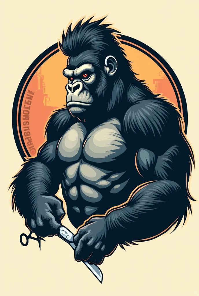 Design a logo that represents a barber gorilla with a retro style. The bouncer should have a classic barbershop hairstyle, such as a pompadour or vintage-style cut. In your two hands, you must hold a barber's scissors in one hand and a razor in the other. The design should combine elements of strength and style, reflecting both the robustness of the gorilla and the elegance of the haircut. The color and style should evoke a nostalgic and professional atmosphere, ideal for a barbering business with a unique touch.